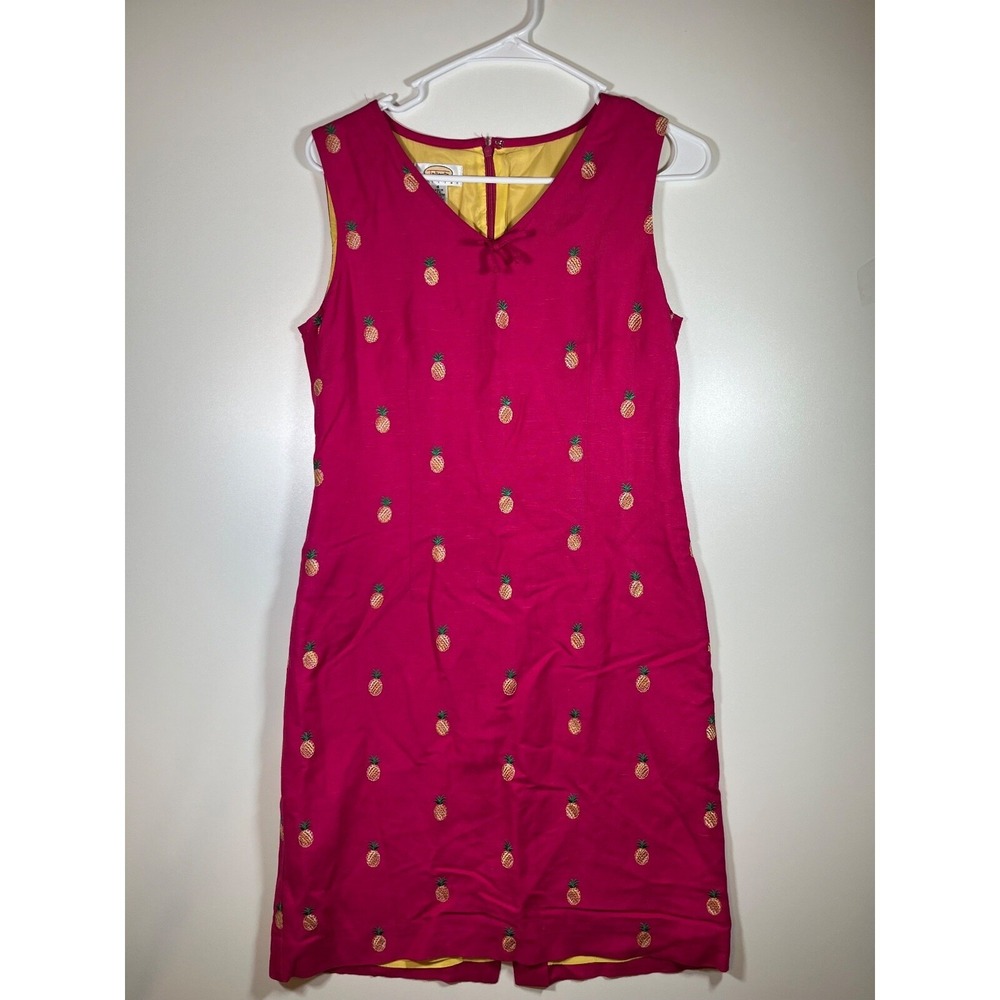 Talbots Fushia Pink Dress Pineapple Pattern Sleeveless Linen Rayon V Neck Size 4